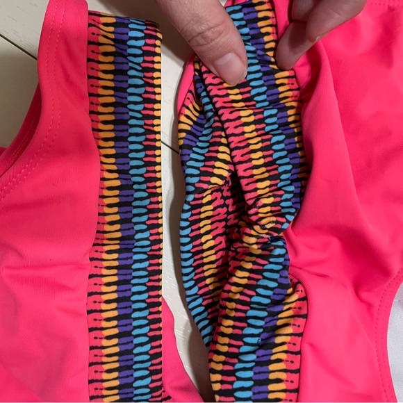 Other - Vibrant salmon pink and Multicolor boho Swimsuit. One shoulder. Size small.
